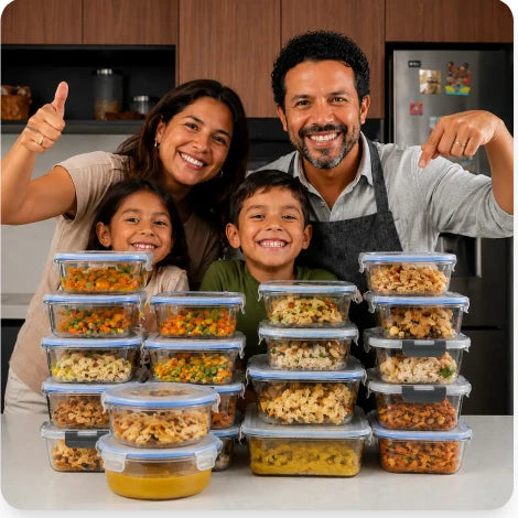 Familia con recipientes de comida preparada